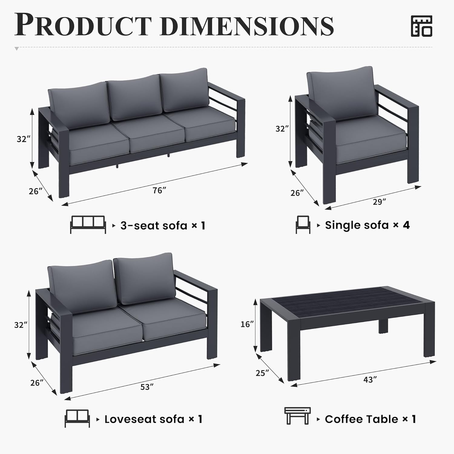 Aluminum Patio Furniture Set, 7 Piece Metal Outdoor Furniture Set, Patio Furniture Set with Waterproof Covers for Backyard Garden(Grey)