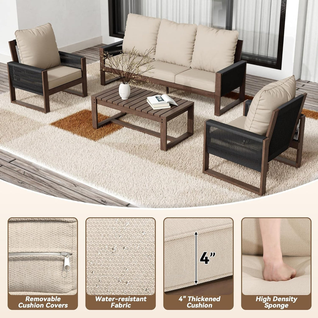 Wooden Outdoor Furniture Set with Comfortable Wicker Chairs