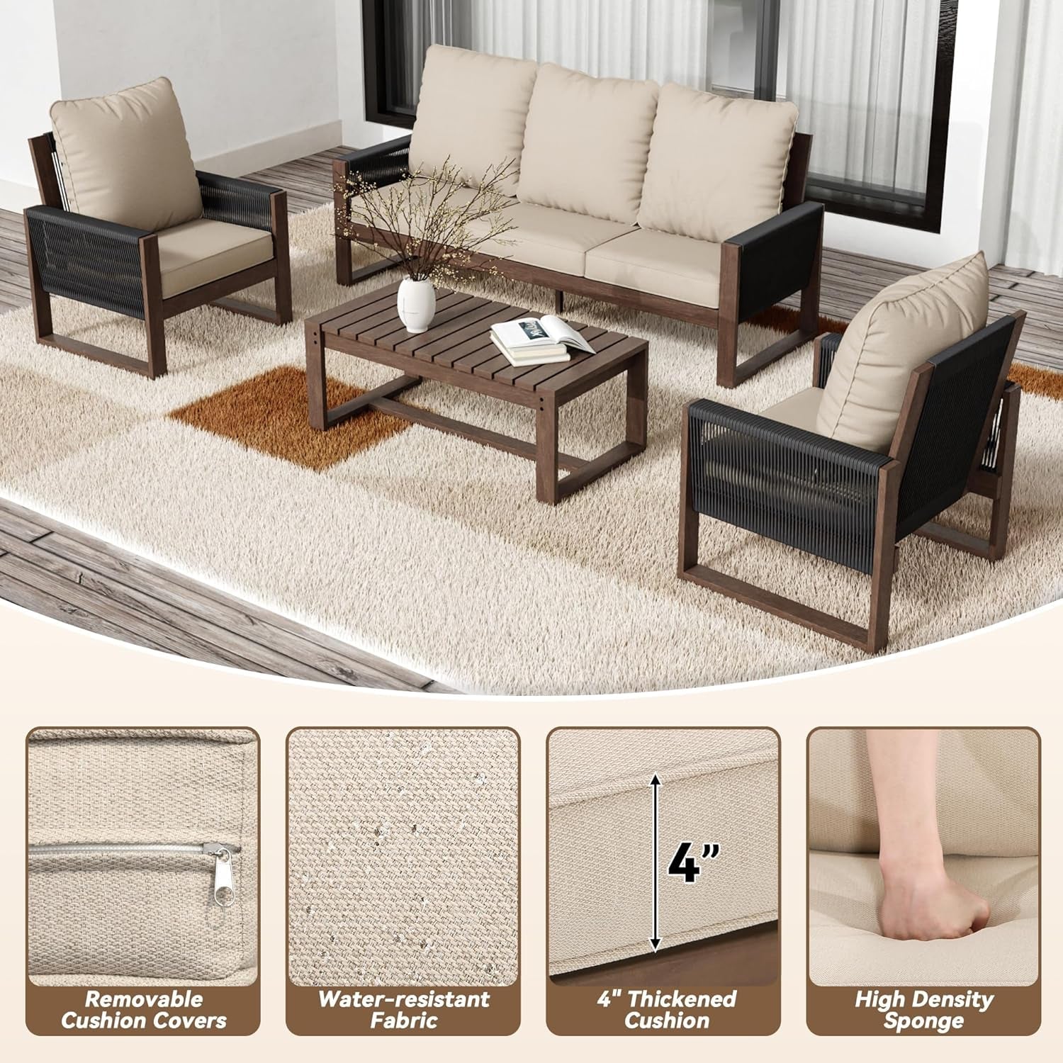 Wooden Outdoor Furniture Set with Comfortable Wicker Chairs